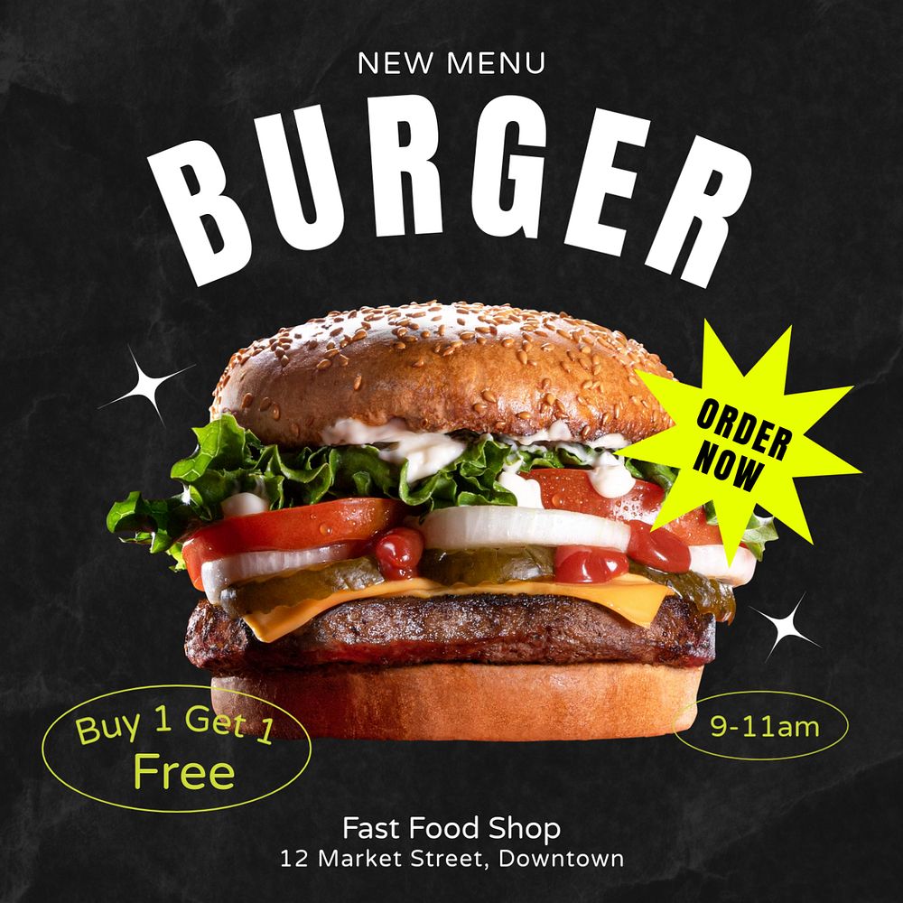 New menu, burger Instagram post template, editable text