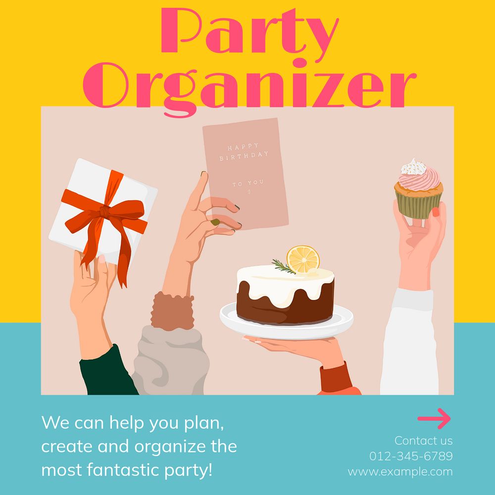 Party organizer Instagram post template, editable text