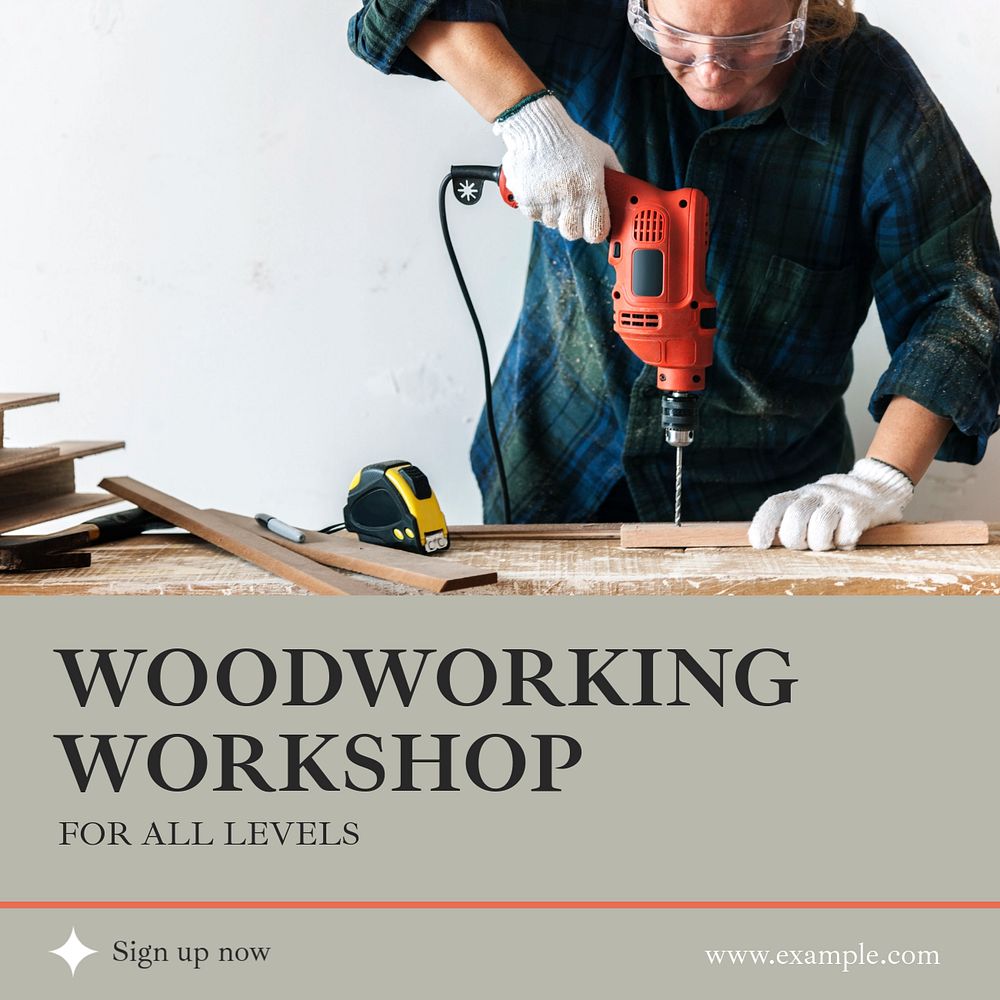 Woodworking workshop Instagram post template, editable text