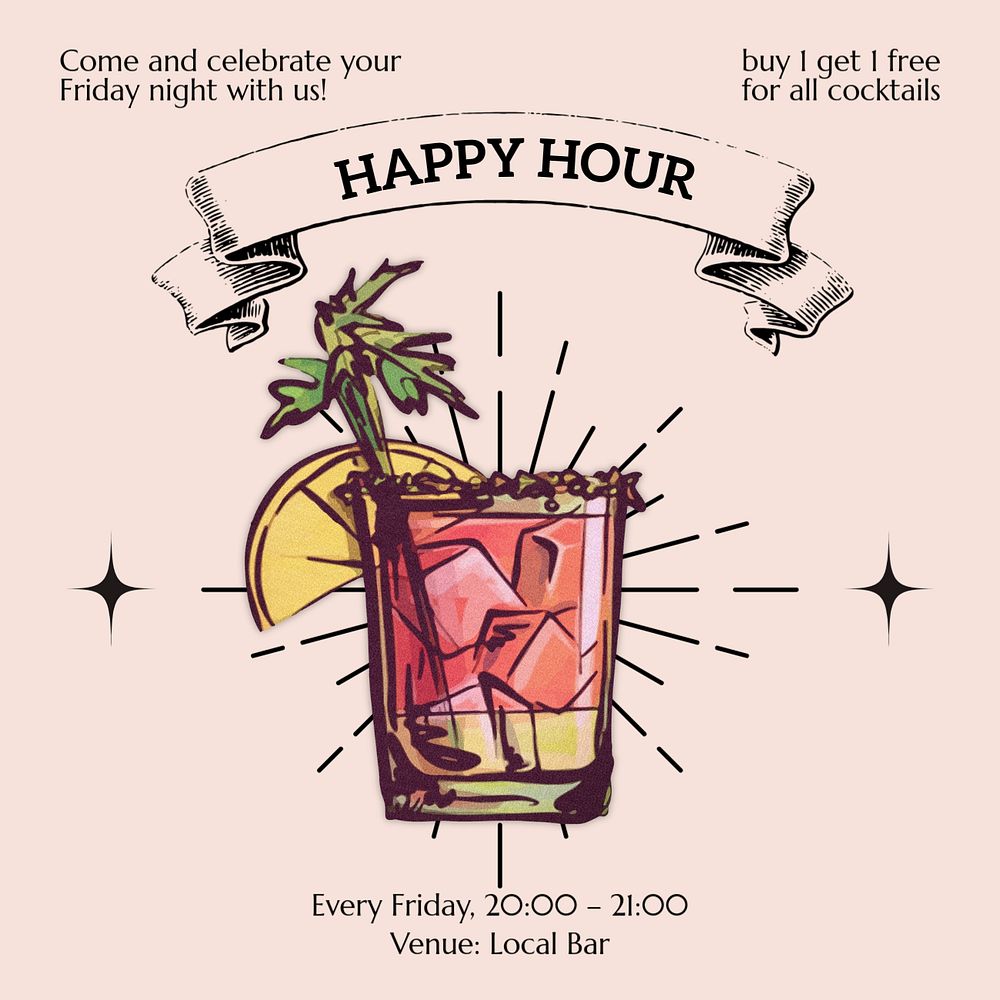 Happy hour Instagram post template, editable text