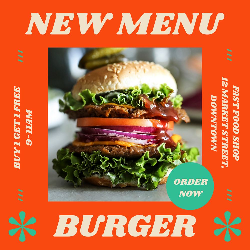 New menu, burger Instagram post template, editable text