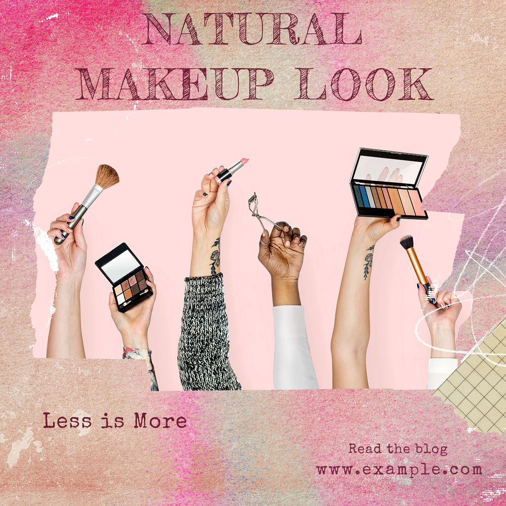 Natural makeup look Instagram post template, editable text