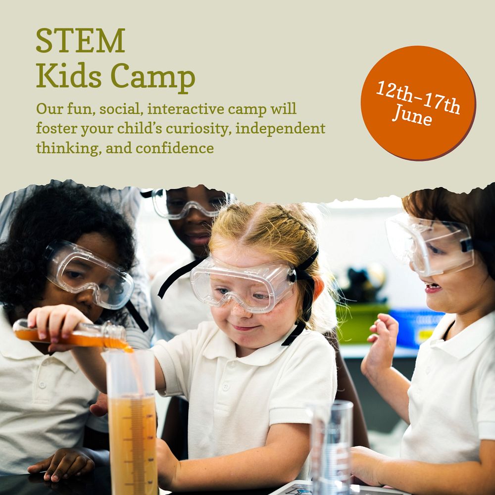 STEM kids camp Instagram post template, editable text