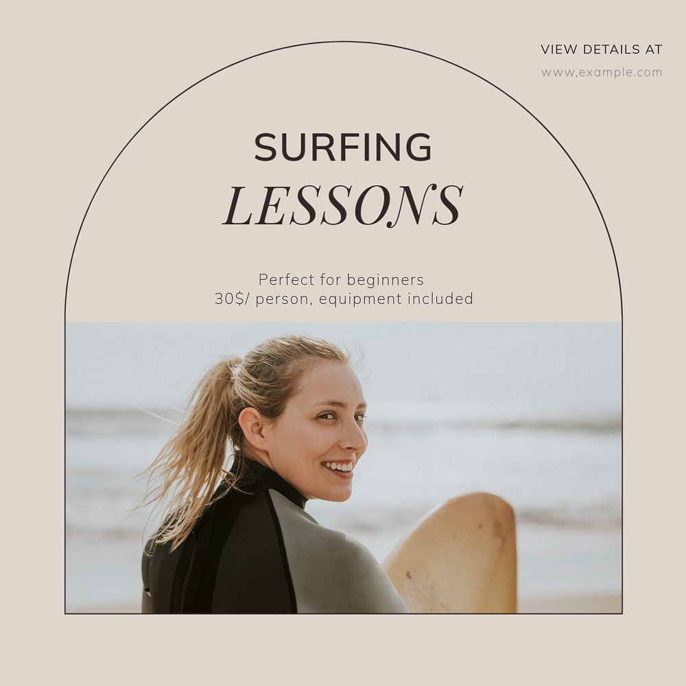 Surfing lessons Instagram post template, editable text