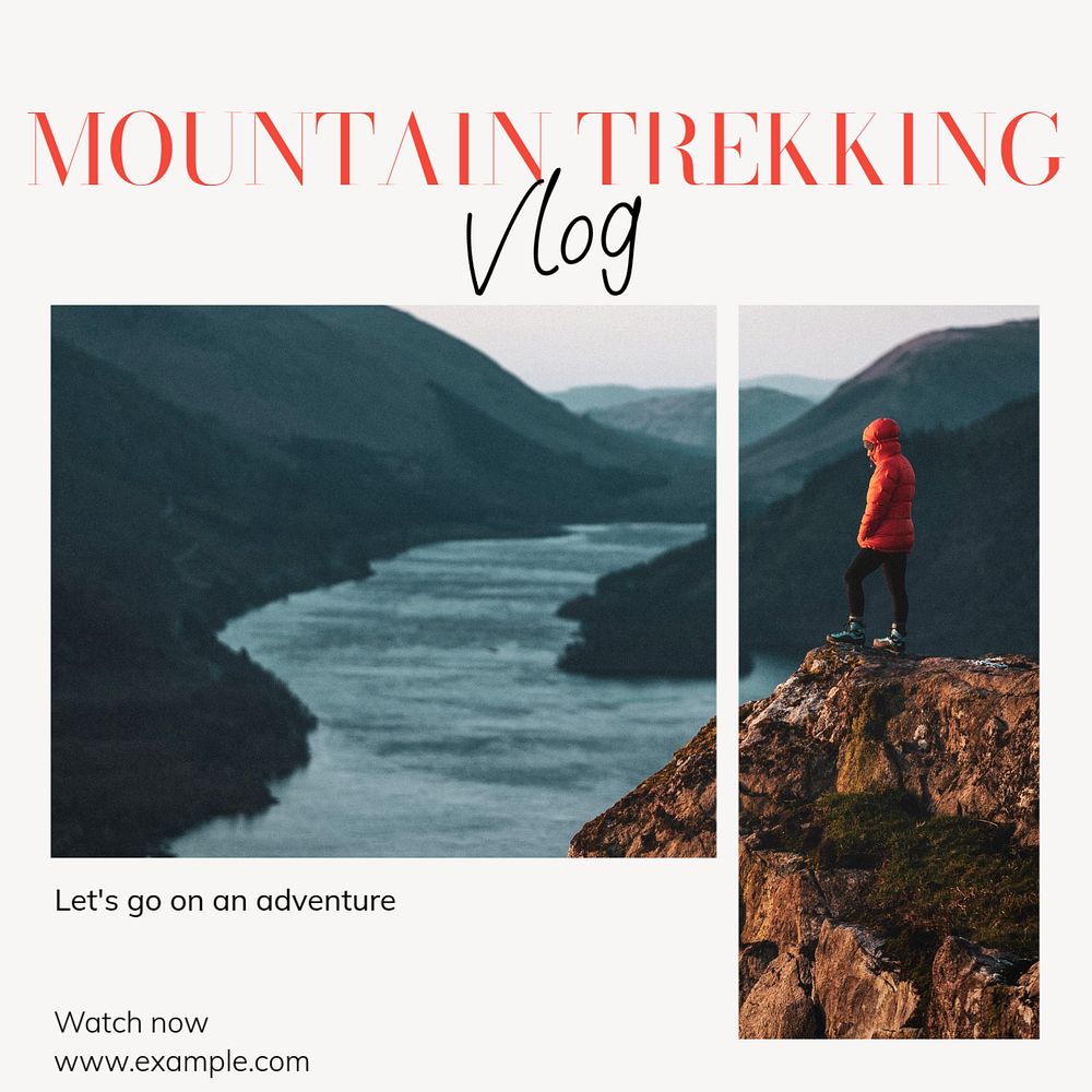 Mountain trekking vlog Instagram post template, editable text