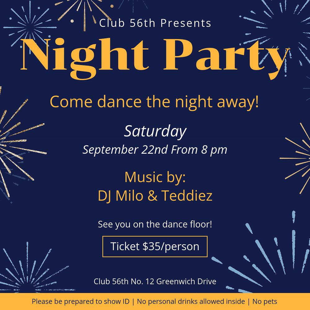 Night party Instagram post template, editable text