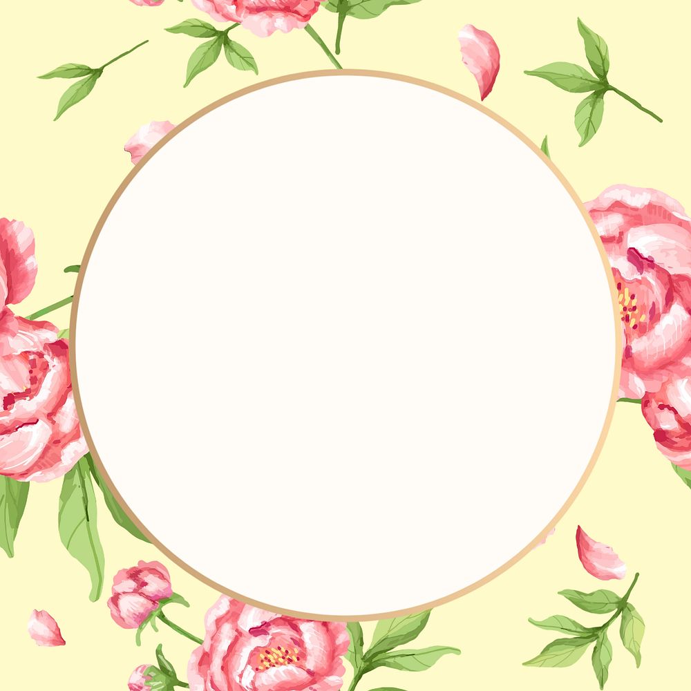 Editable floral round frame, watercolor pink peony design