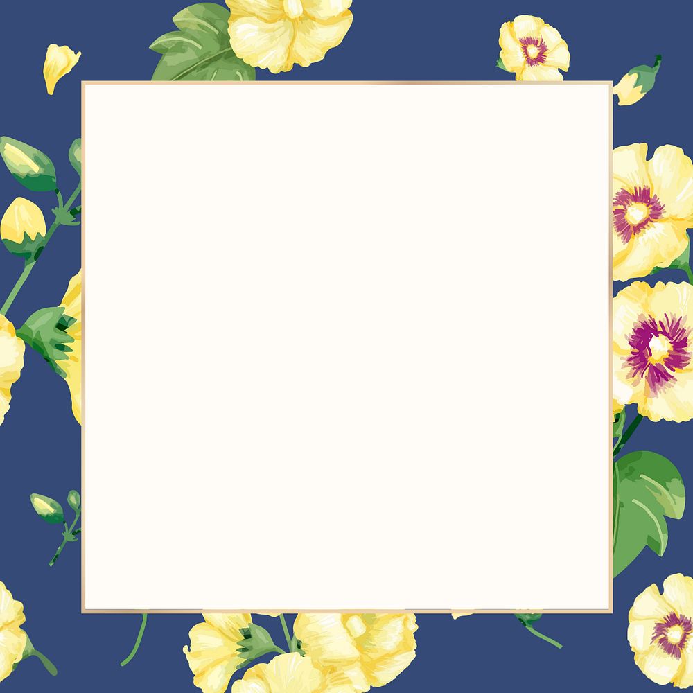 Watercolor yellow hollyhocks flower frame, editable botanical design