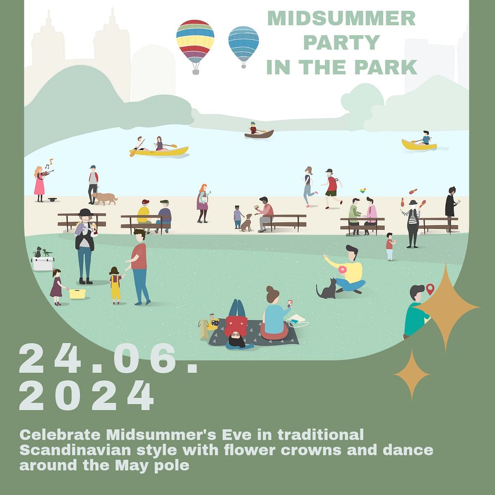 Midsummer park party Instagram post template, editable text