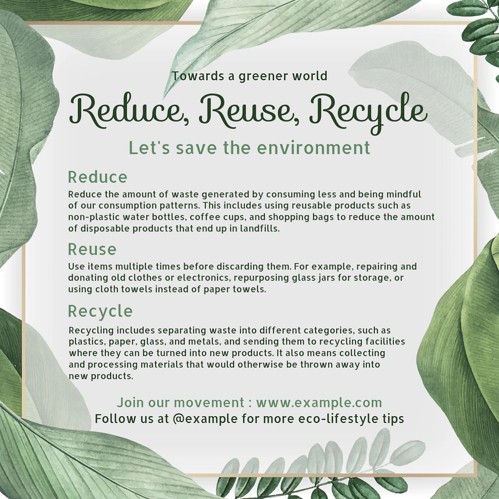 Reduce, reuse, recycle Instagram post template, editable text