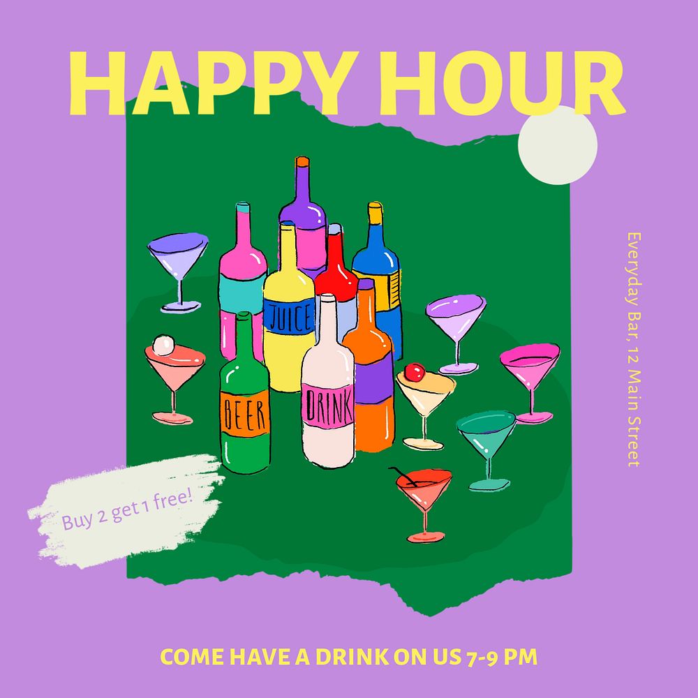 Happy hour Instagram post template, editable text