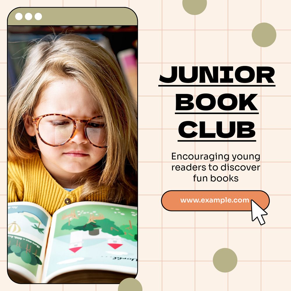 Junior book club Instagram post template, editable text