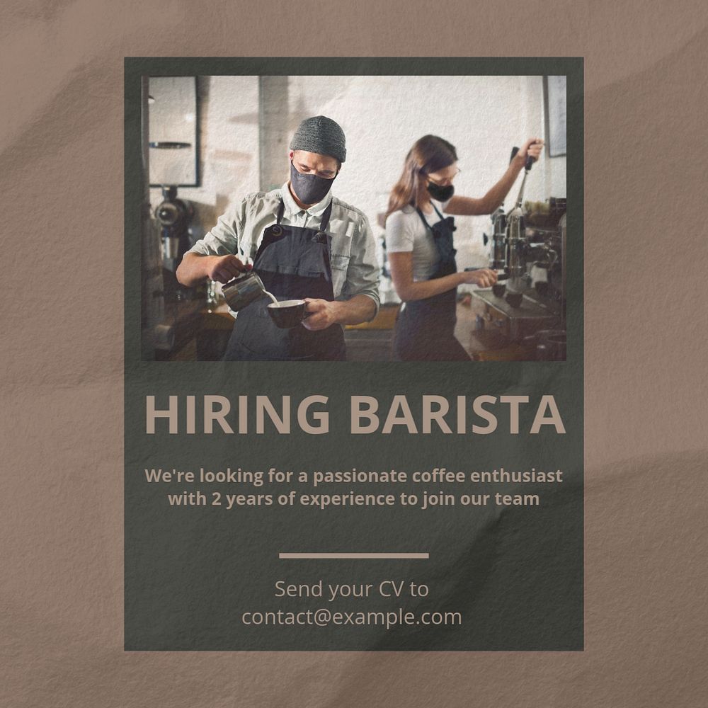 Hiring barista Instagram post template, editable text