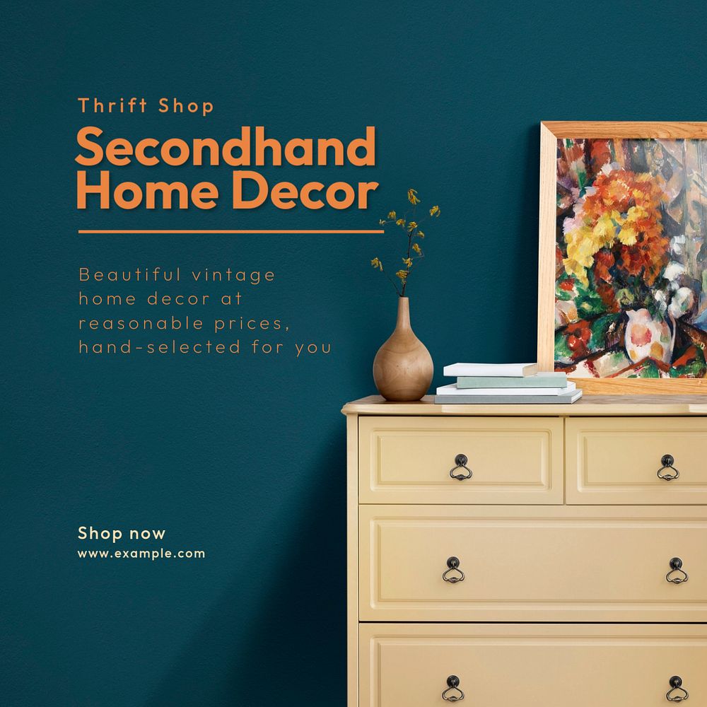 Secondhand decor shop Instagram post template, editable text