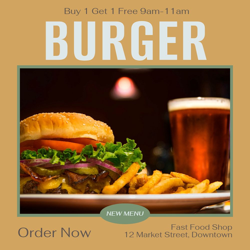 New menu, burger Instagram post template, editable text