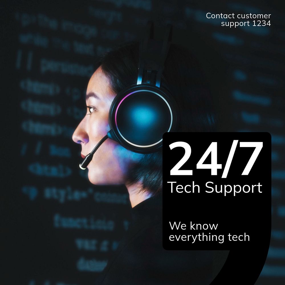 24/7 tech support post template, editable social media design