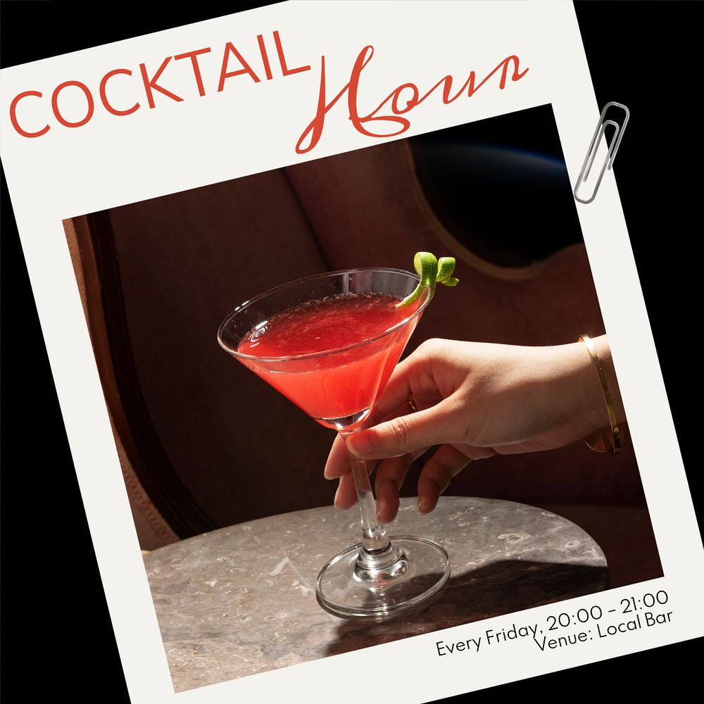 Cocktail hour Instagram post template, editable text