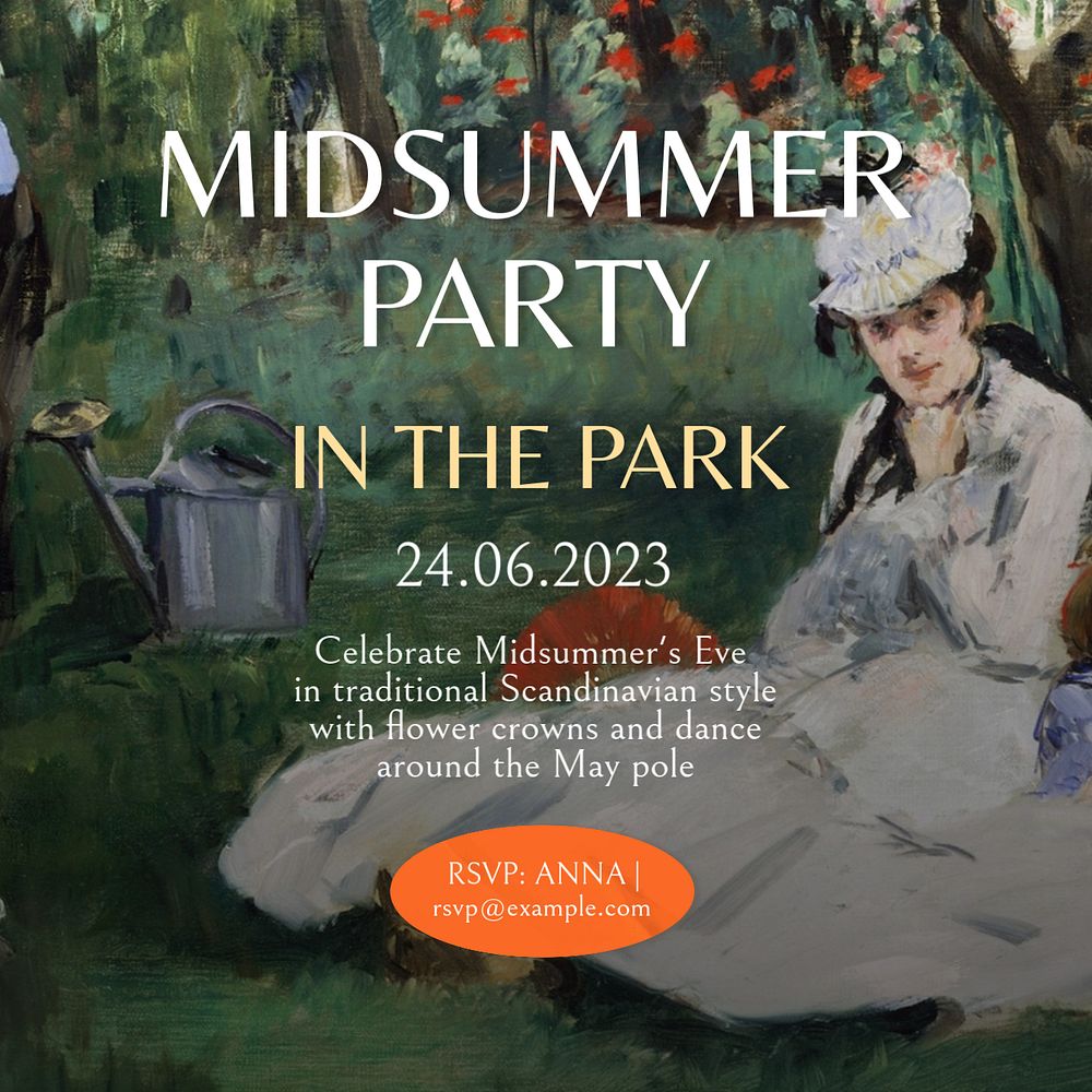 Midsummer park party Instagram post template, editable text