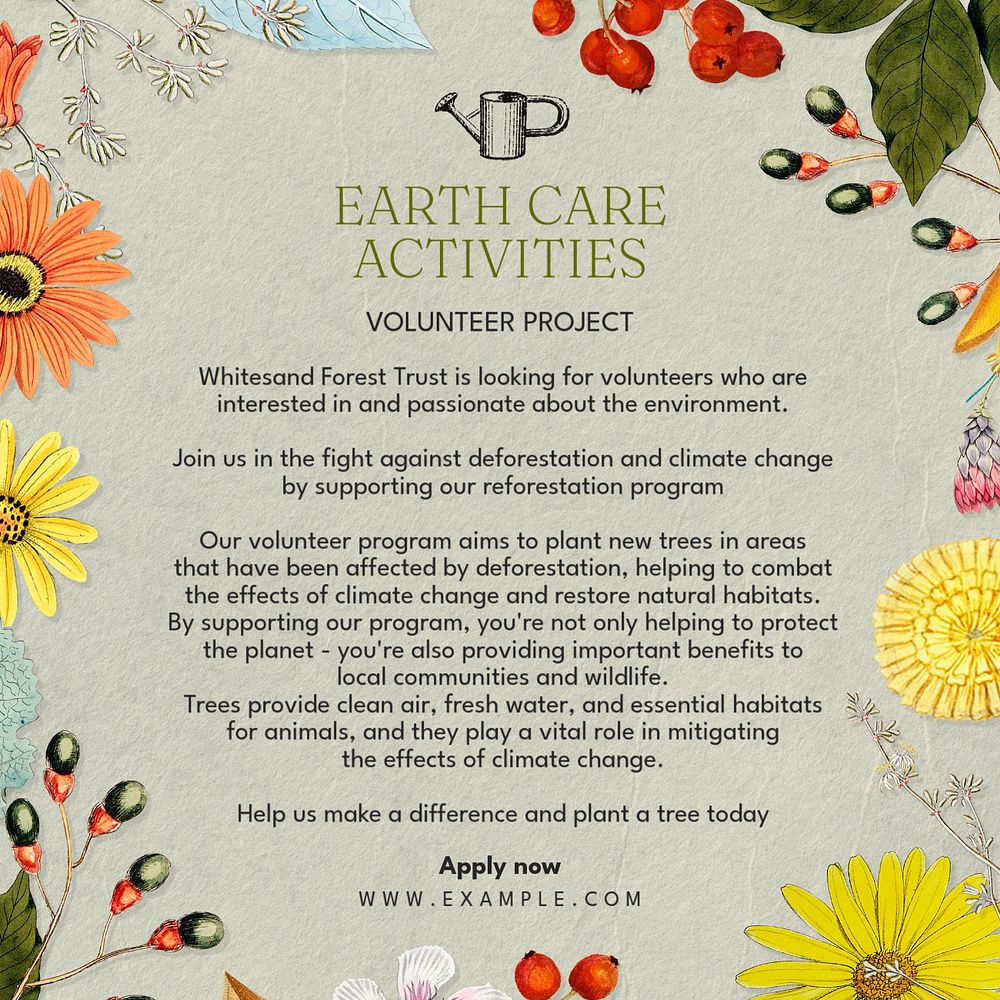 Earth care activities Instagram post template, editable text