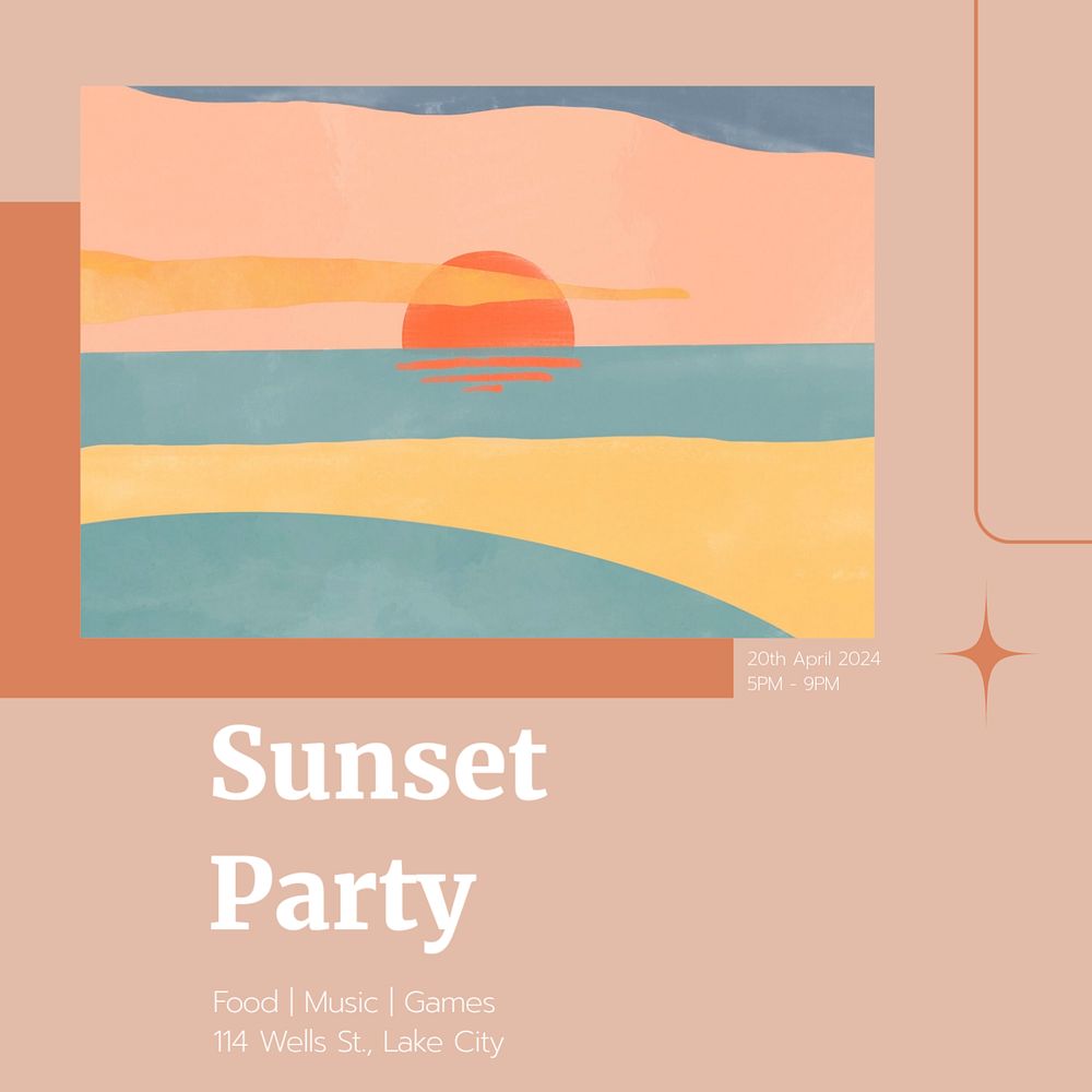 Sunset party Instagram post template, editable text