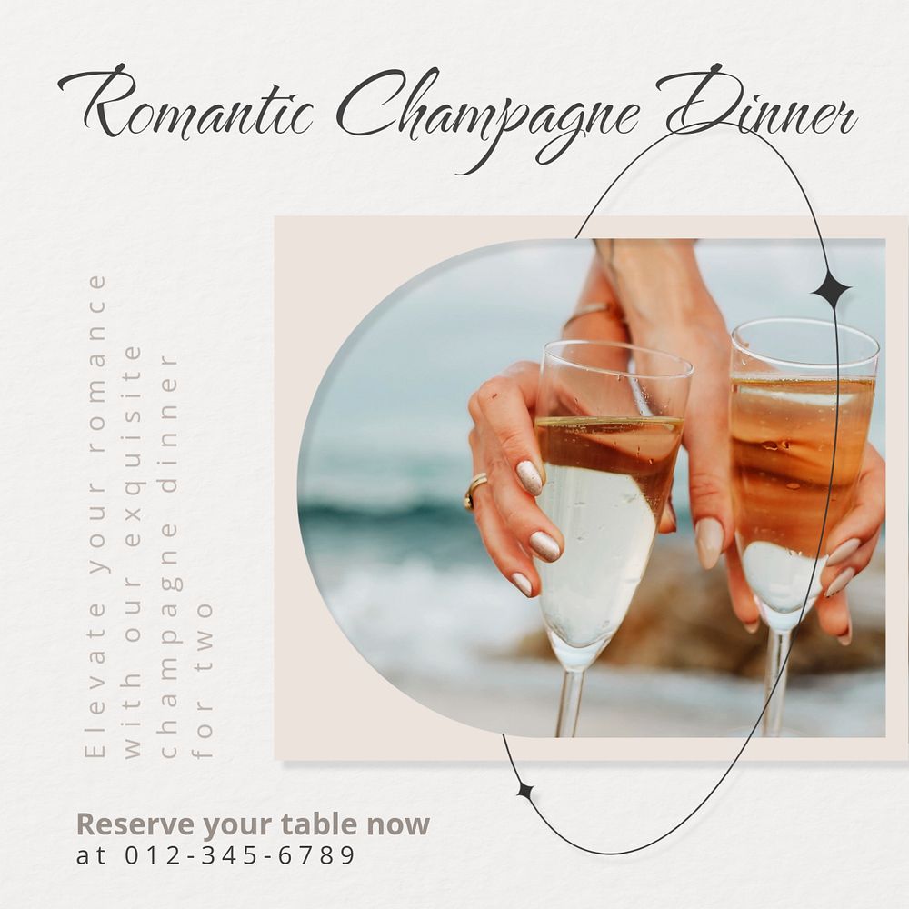 Romantic Champagne dinner Instagram post template, editable text