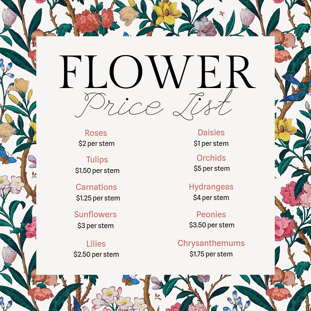 Flower price list Instagram post template, editable text