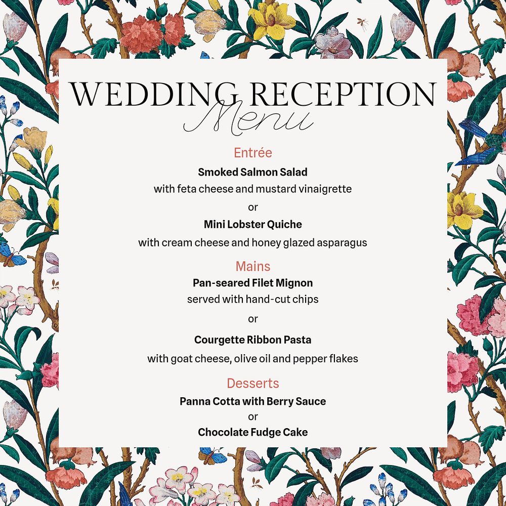 Wedding reception menu Instagram post template, editable text