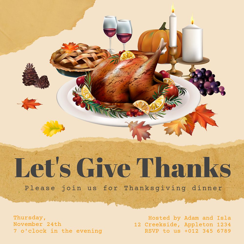 Thanksgiving dinner invitation Instagram post template, editable text