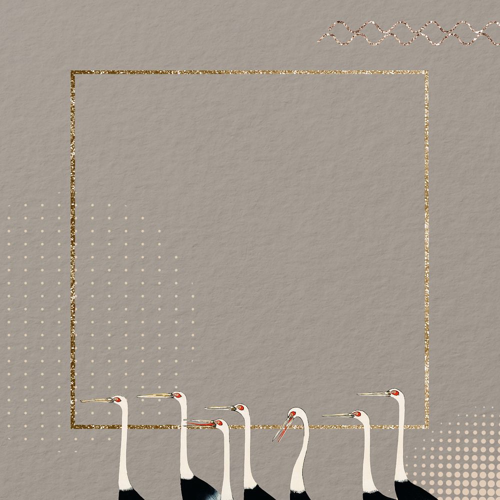 Japanese crane frame background, gold glittery editable design