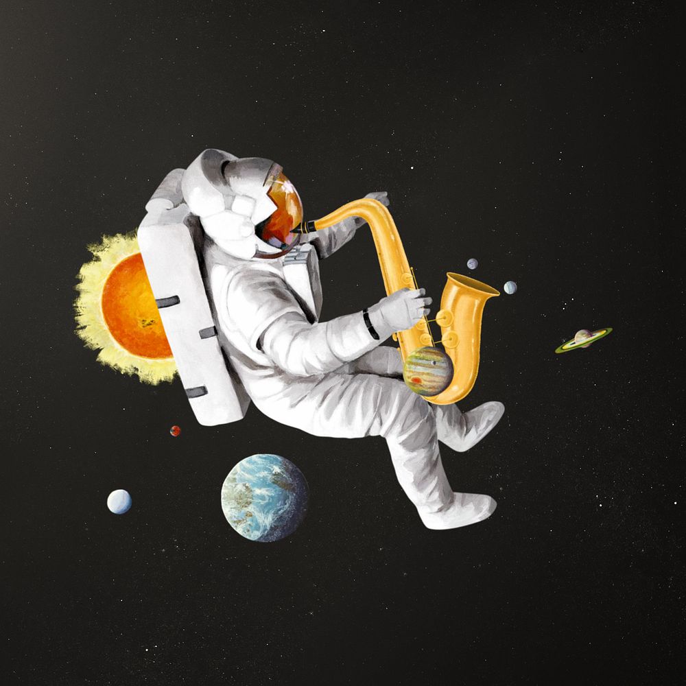 Astronaut playing saxophone, surreal galaxy editable remix