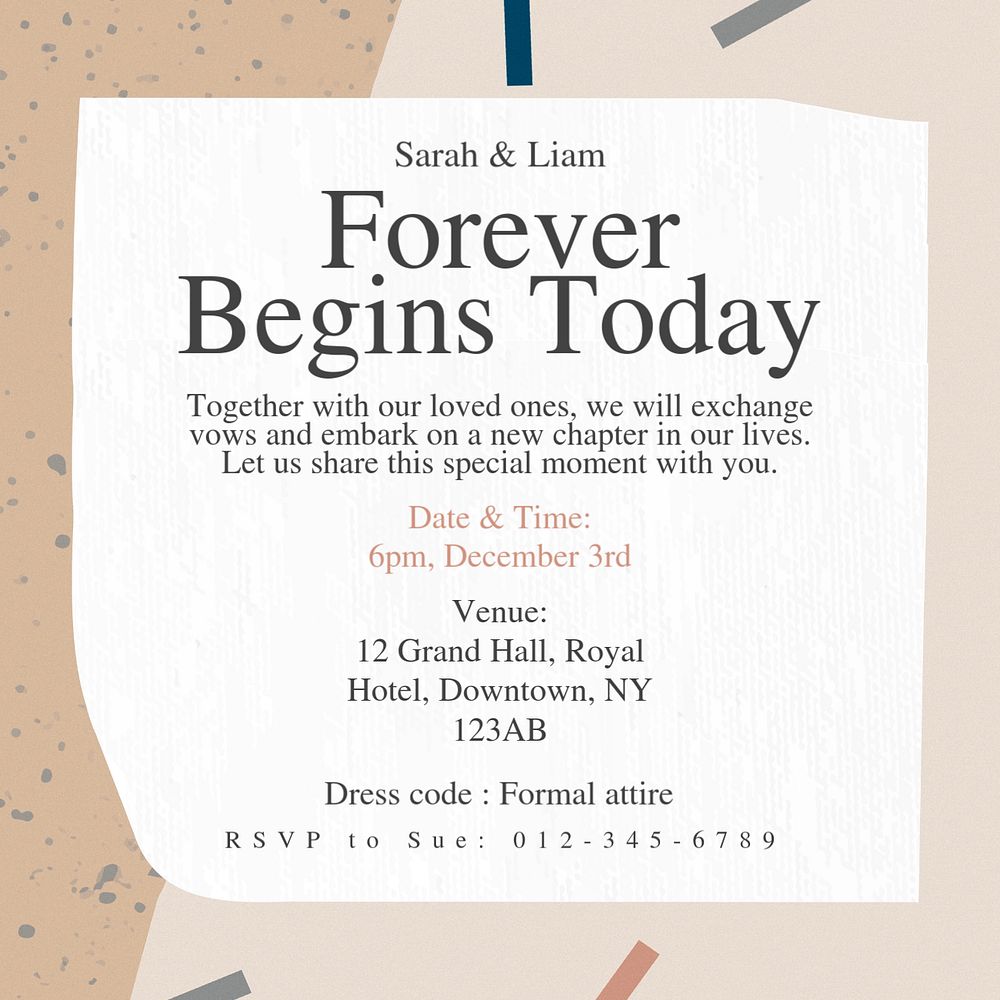 Wedding invitation Instagram post template, editable text