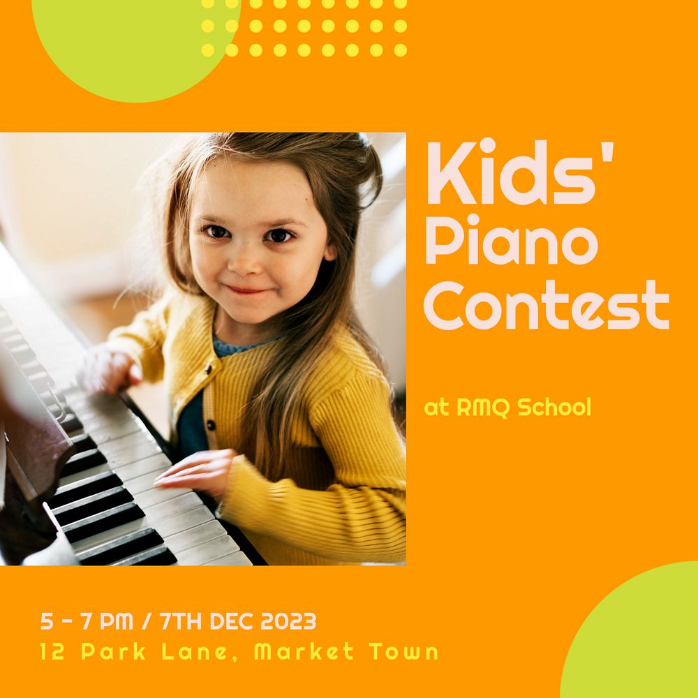 Kids' piano contest Instagram post template, editable text