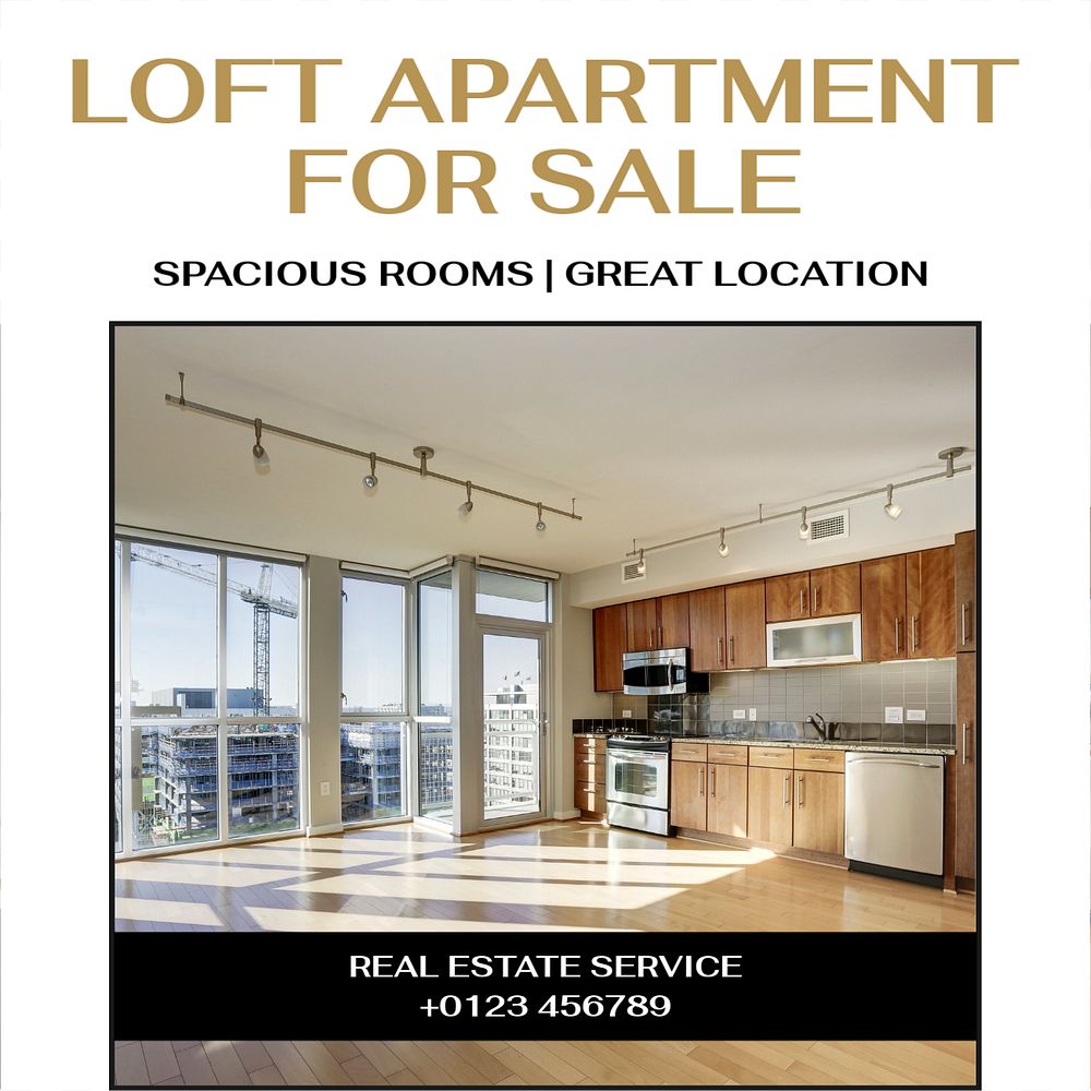 Loft apartment Instagram post template, editable text