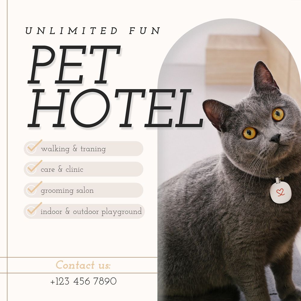 Pet hotel Instagram post template, editable text