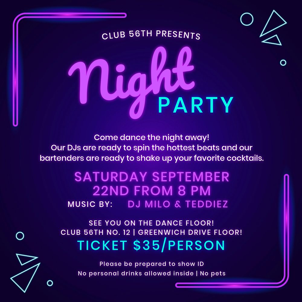 Night party Instagram post template, editable text