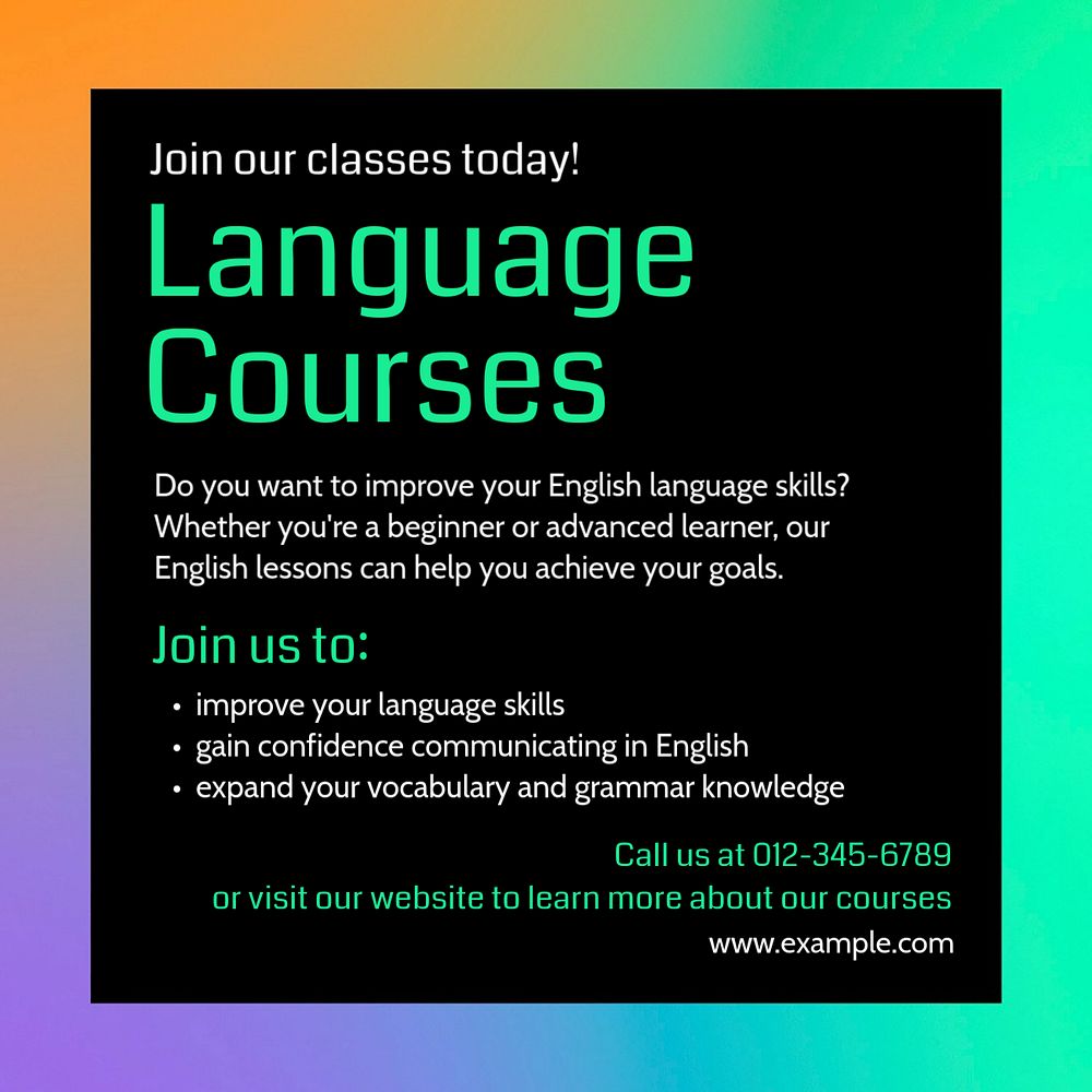 Language courses Instagram post template, editable text