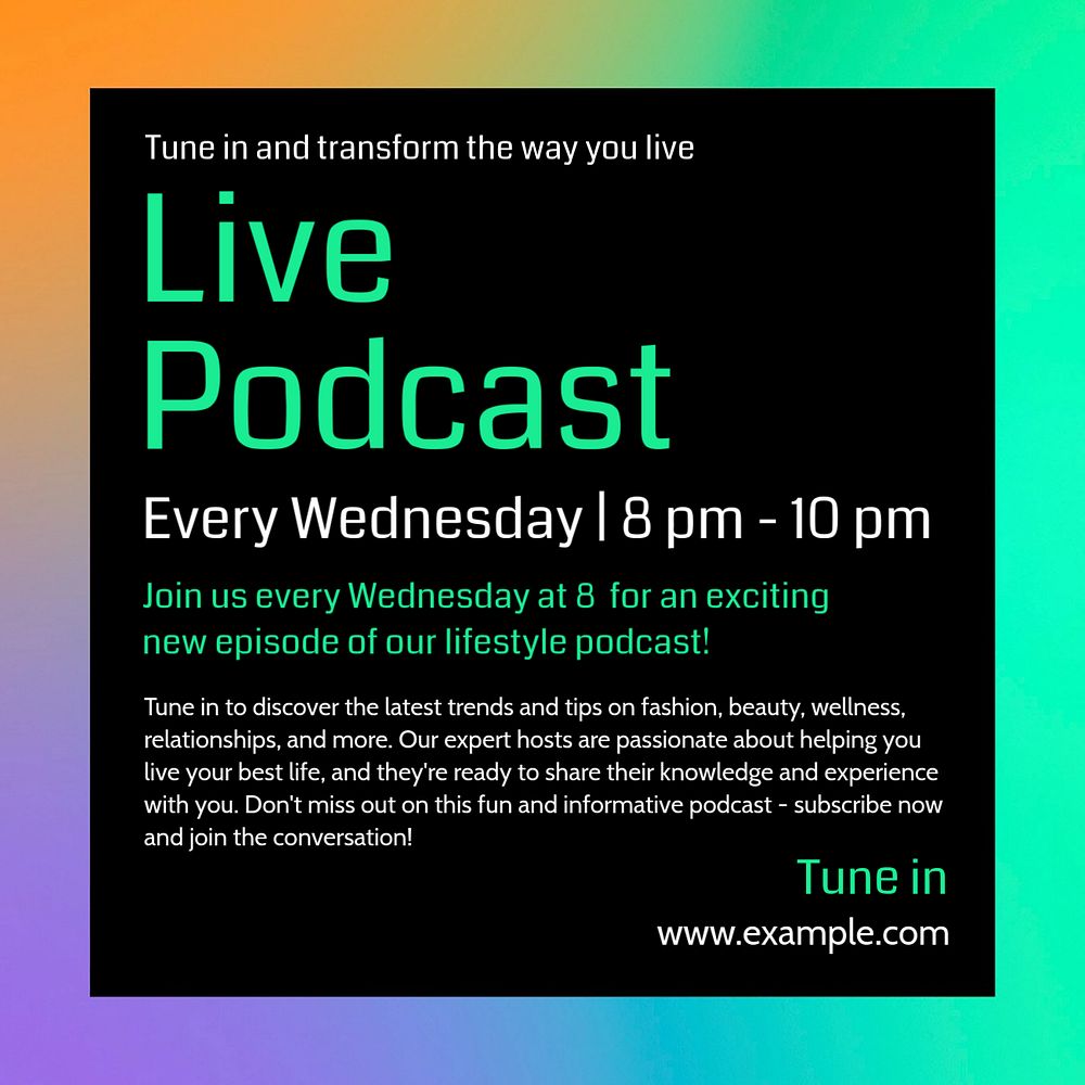 Live podcast Instagram post template, editable text