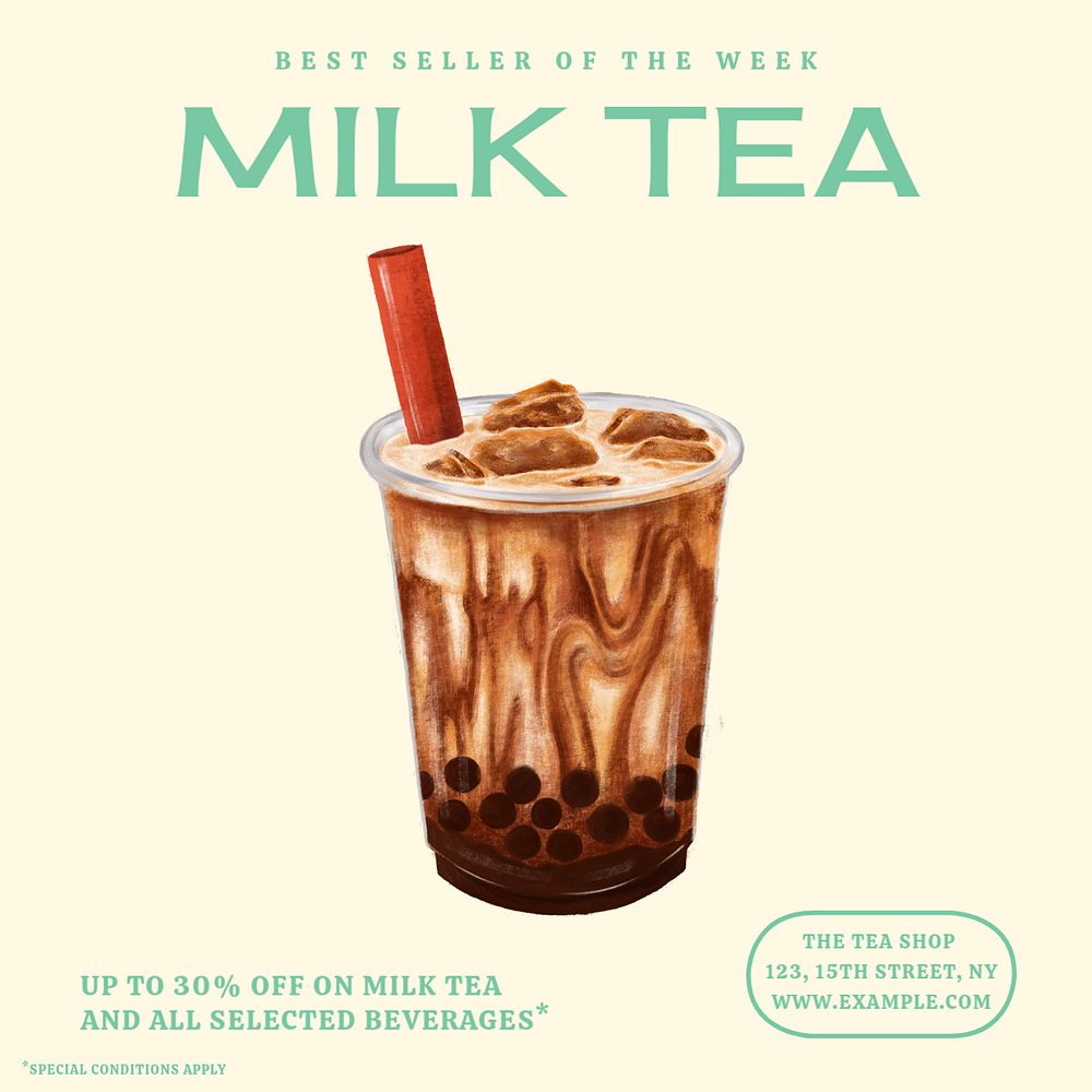 Milk tea shop Instagram post template, editable text