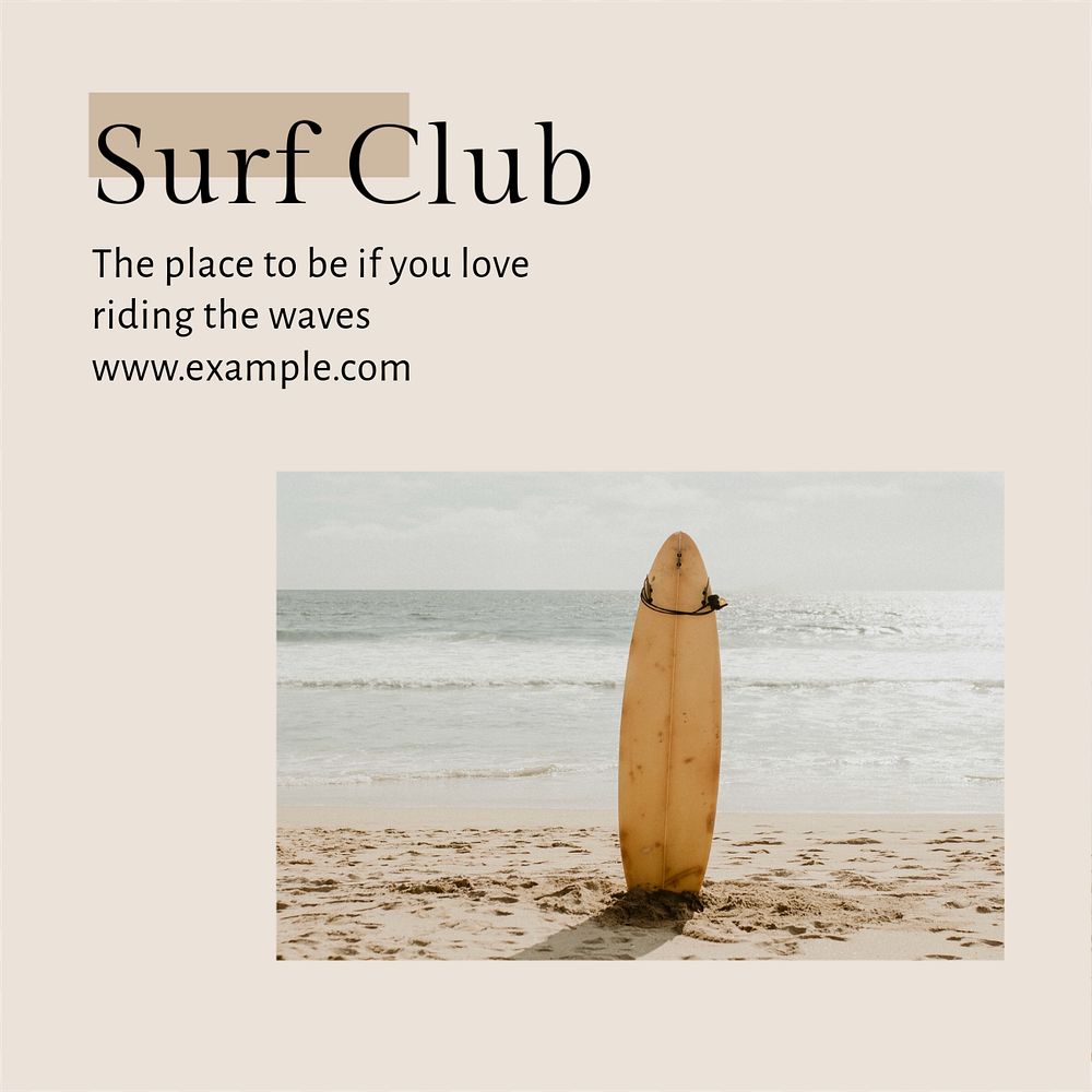 Surfing club Instagram post template, editable text