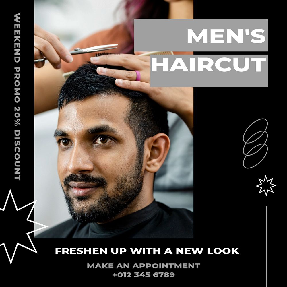 Men's haircut Instagram post template, editable text