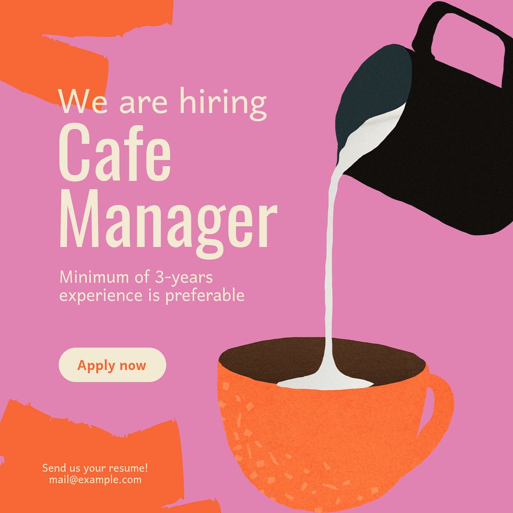 Cafe manager job Instagram post template, editable text