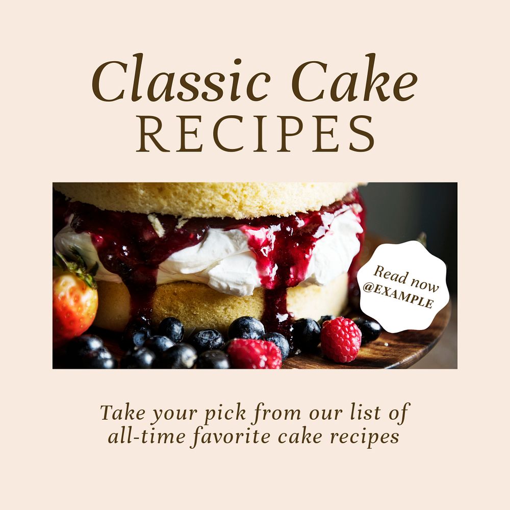 Classic cake recipe Instagram post template, editable text