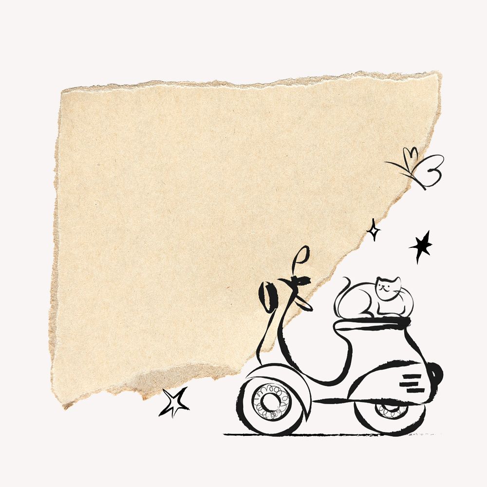 Cute cat on motorcycle, editable ripped paper design