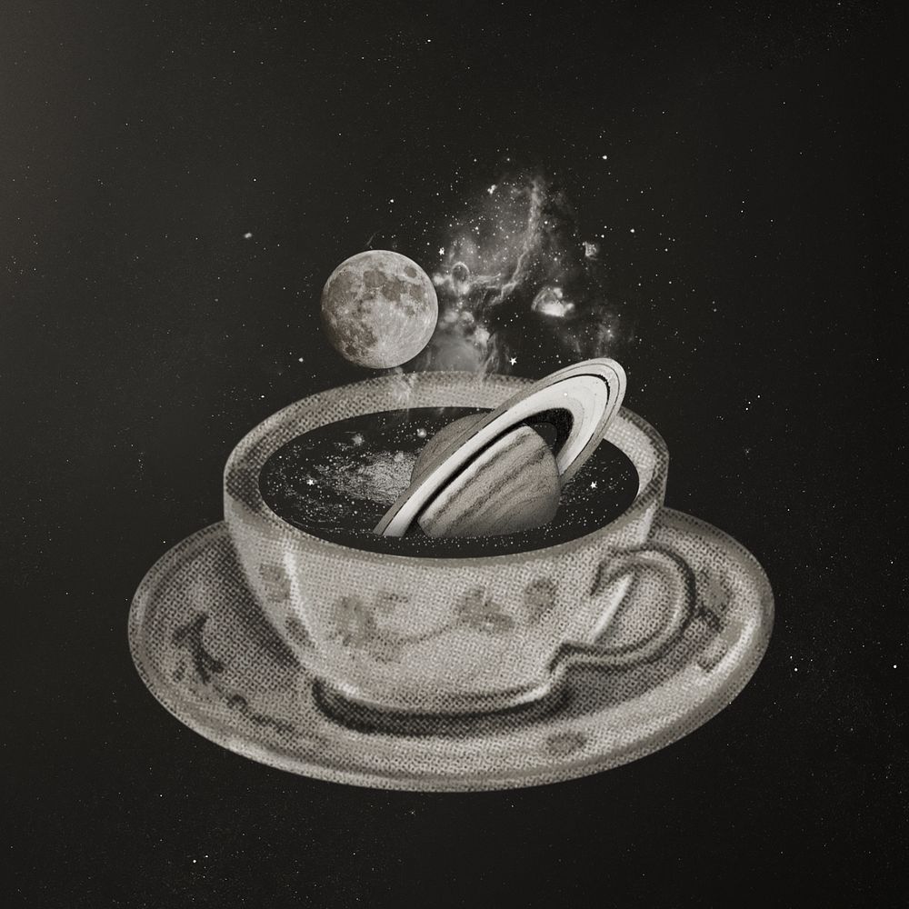 Saturn in coffee cup, surreal escapism editable remix