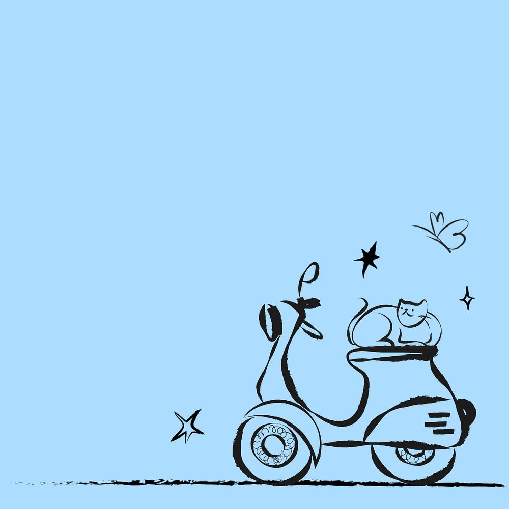 Editable cute cat on motorcycle, blue background