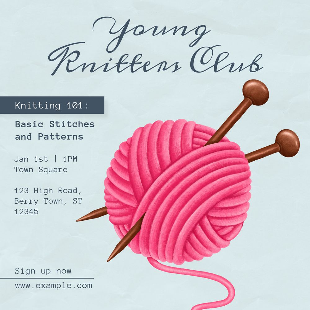 Young knitters club Instagram post template, editable text