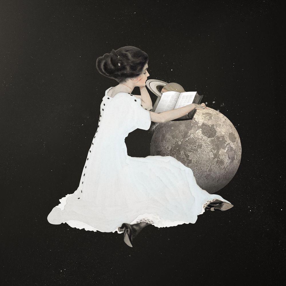 Girl reading on moon, surreal education editable remix