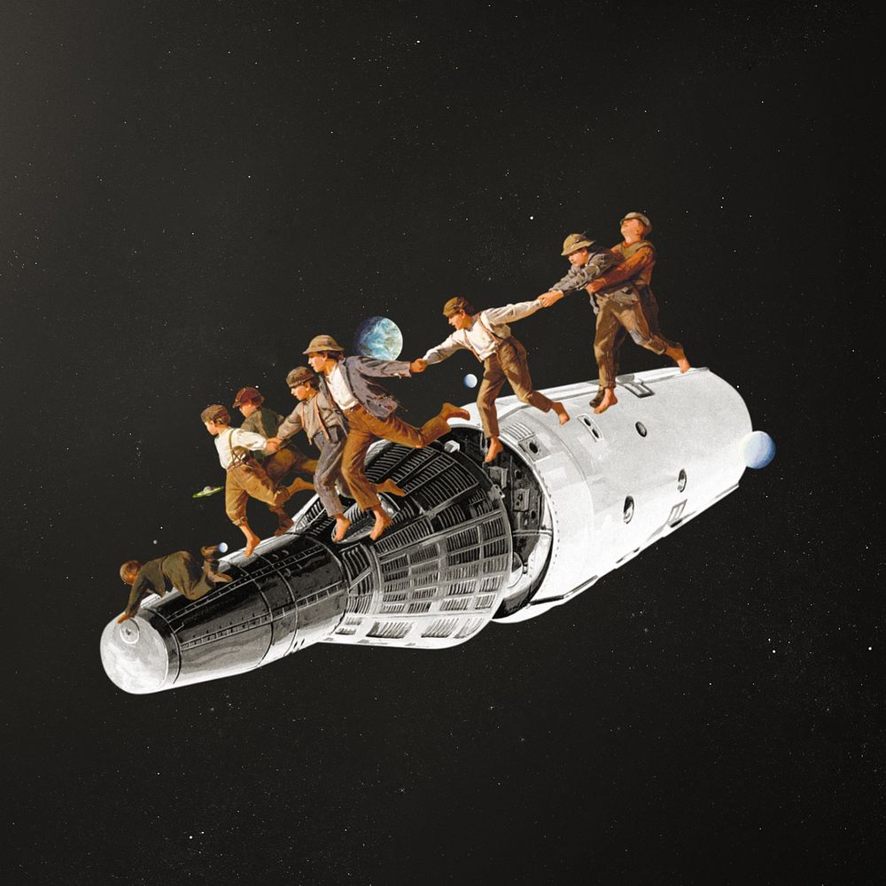 Boys on satellite, surreal galaxy editable remix