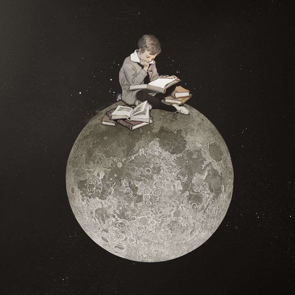 Boy reading on moon, surreal education editable remix