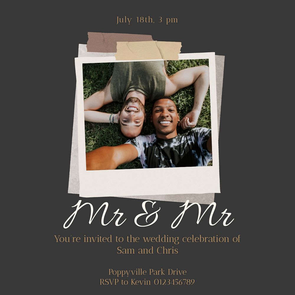 Gay wedding Instagram post template, editable text